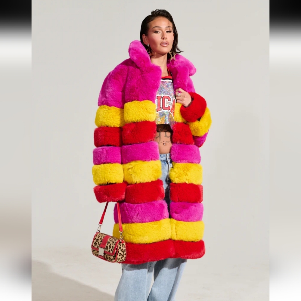 RAMI MULTI COLOR FAUX FUR PANEL TRENCH COAT - Picture 1 of 9